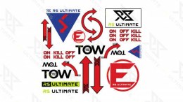 Zestaw naklejek bezpieczeństwa / regulaminowych FIA wyłącznik prądu system gaśniczy ucho holownicze on off